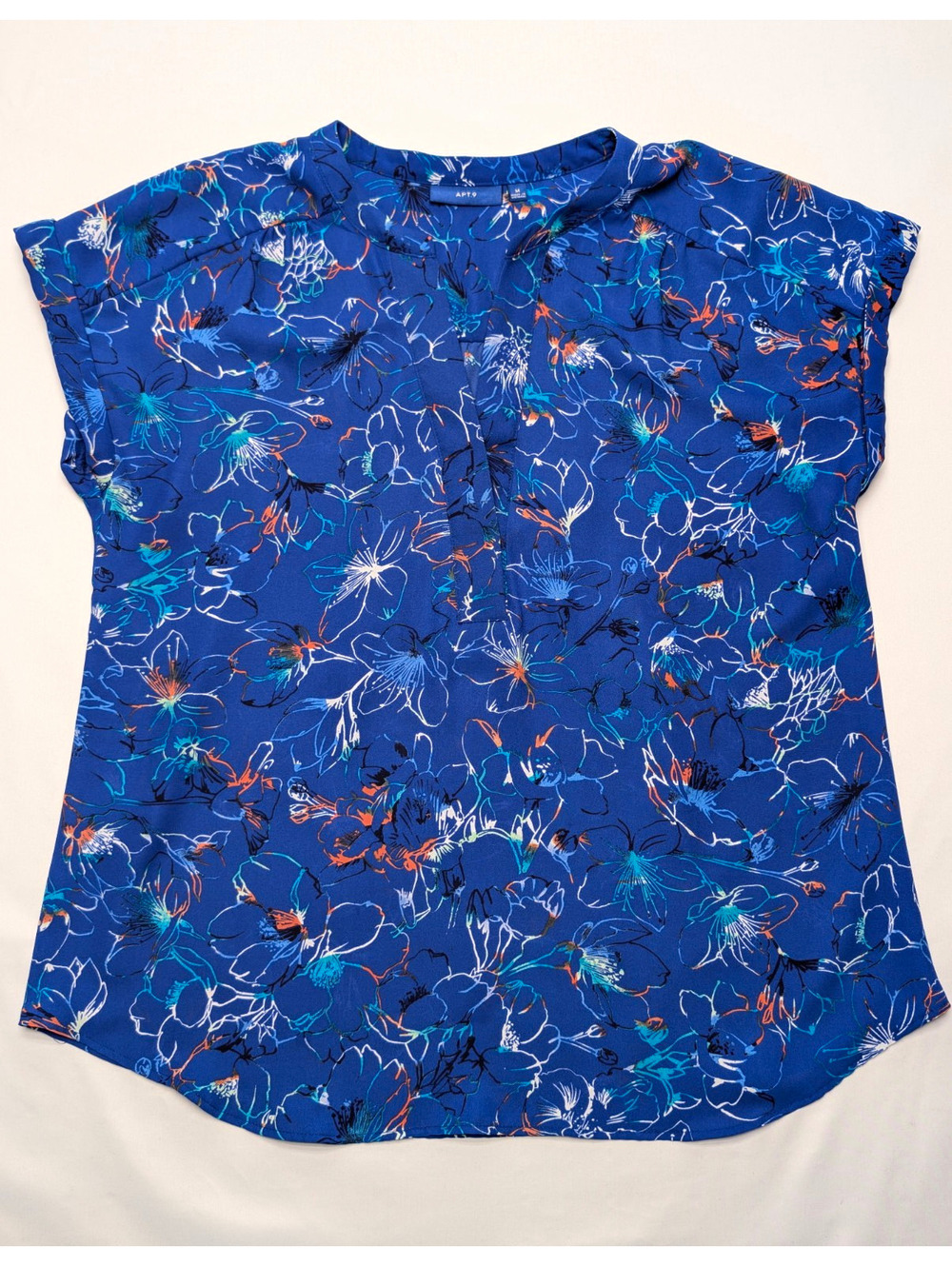 Apt. 9 Vibrant Blue Floral Split V-Neck Cap Sleeve Sheer Blouse Top Sz M